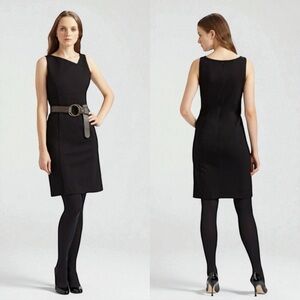 Eileen Fisher Black Asymmetric Neck Stretch Ponte Sheath Sleeveless Dress Sz 14